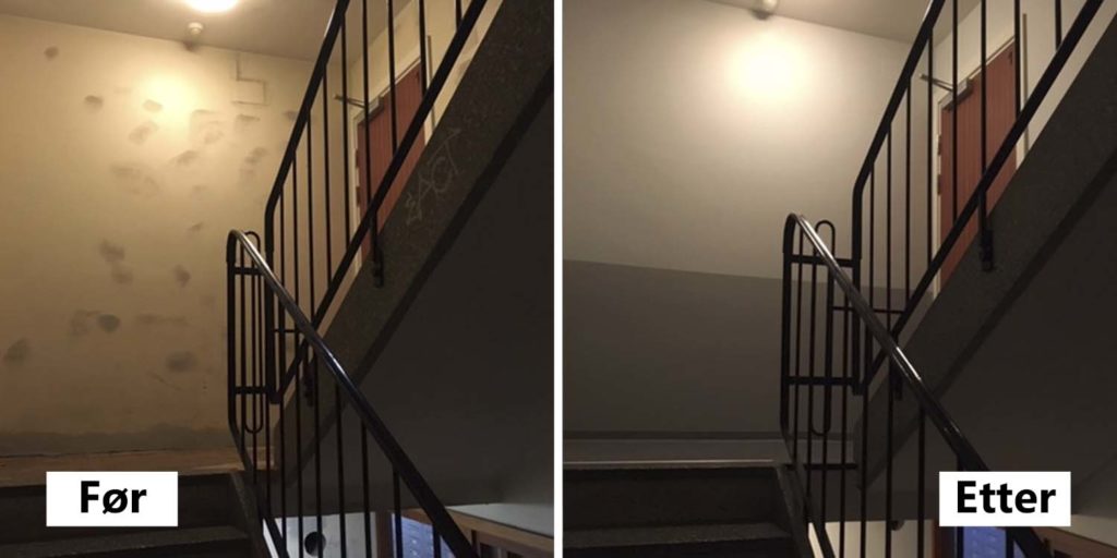 Trappeoppgang vegg og tak, før og etter